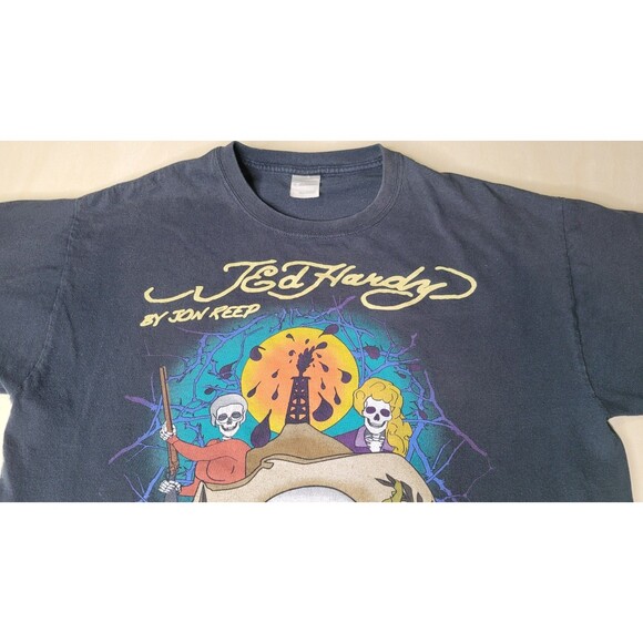 Ed Hardy by Jon Reep T-Shirt Black Gold‎ Texas Tea Skull Cowboy Graphic Tee SZ L - Picture 4 of 12